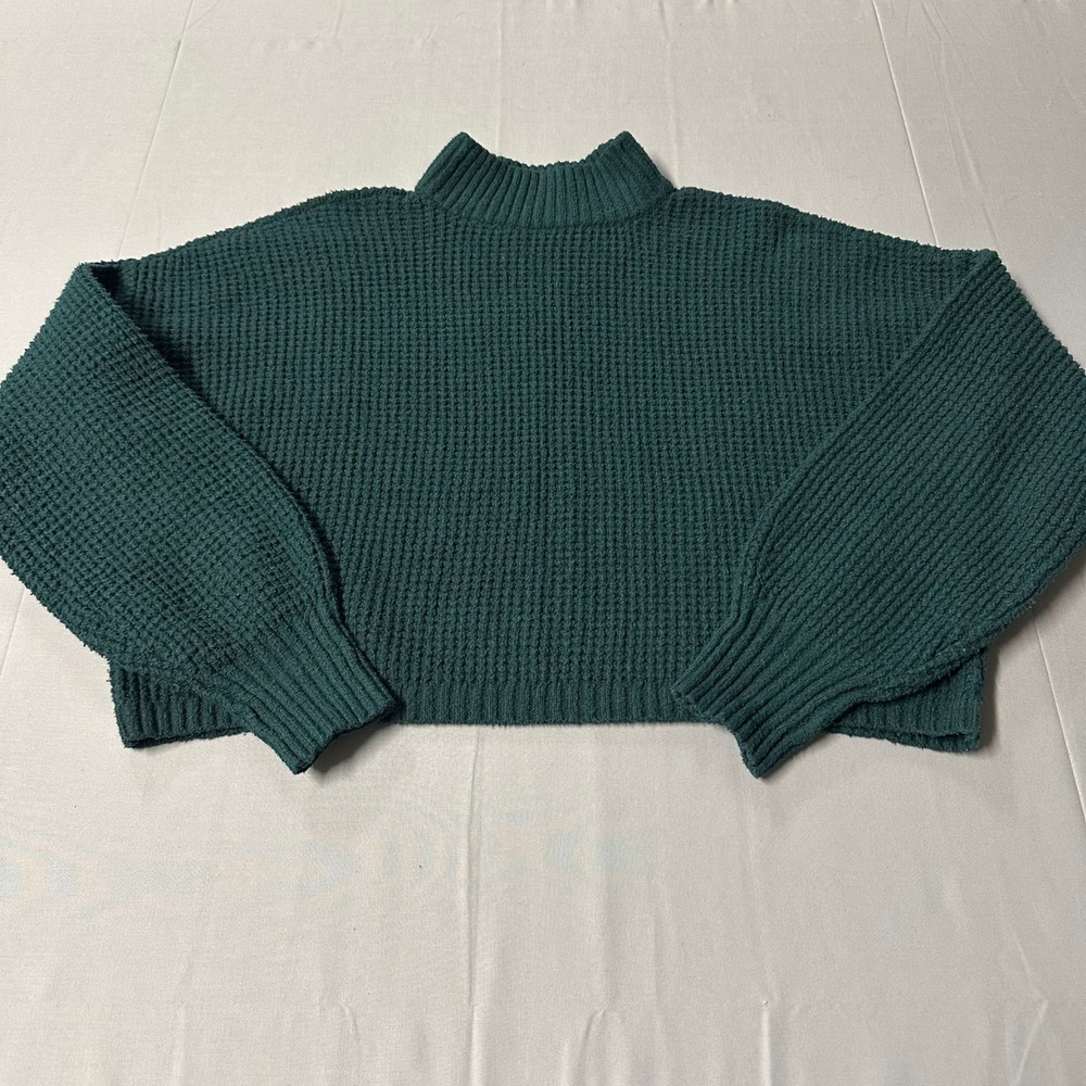 Hollister Womens Forest Green Waffle Knit Chenille Mock Neck Cropped Sweater S